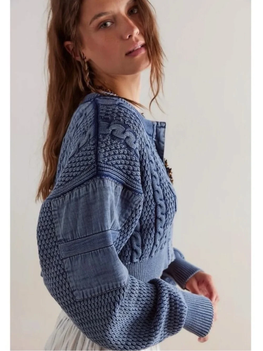 Free People Patchwork Chunky Cable Knit Heritage Cardi Cardigan Sweater Large